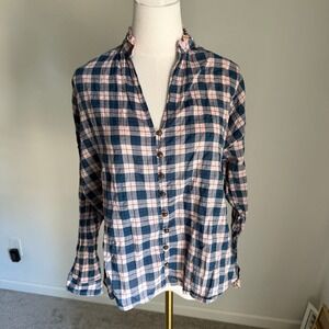 Pilcro Anthropologie Tavi Plaid Button Down Navy Pink Ruffle Collar Shirt Top XS